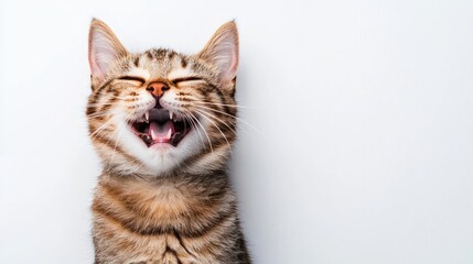 Happy tabby cat with big open mouth, playful expression, and bright eyes against a clean background, showcasing joy and delight in a charming manner