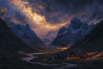 N&auml;chtliche Berglandschaft mit leuchtendem Dorf unter Sternenhimmel

