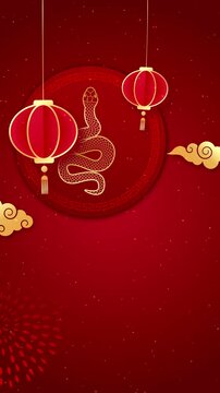 Motion graphic of Golden dragon logo with chinese new year and year of the Dragon 2025 on dark red background and glitter particle in a happy new year concept seamless loop vertical video