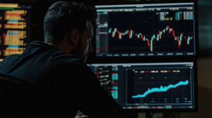 Professional financial expert analyzing stock market data on multiple screens in a trading environment, showcasing economic trends and investment strategies in real-time.