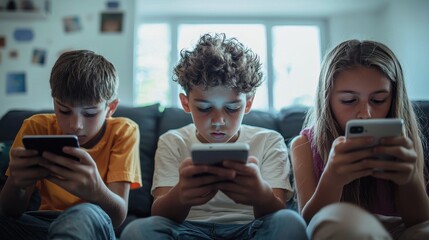 Group of students engaged in online safety education while using smartphones indoors, highlighting modern digital learning environments and safety awareness