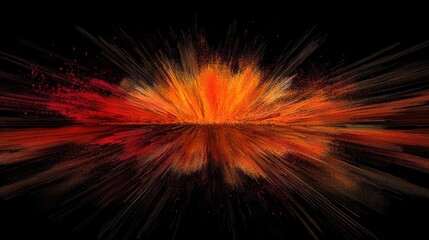 Fiery abstract design showcasing dramatic explosions of orange, red, and black, with radiant streaks and glowing highlights creating intense movement and depth. A powerful, energetic composition.