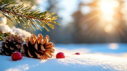 Vibrant pinecones and red berries vividly displayed against the fresh winter snow, bathed in sunlight, capturing the natural beauty of a crisp forest morning.