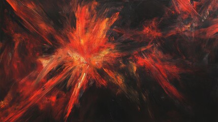 Fiery abstract design showcasing dramatic explosions of orange, red, and black, with radiant streaks and glowing highlights creating intense movement and depth. A powerful, energetic composition.