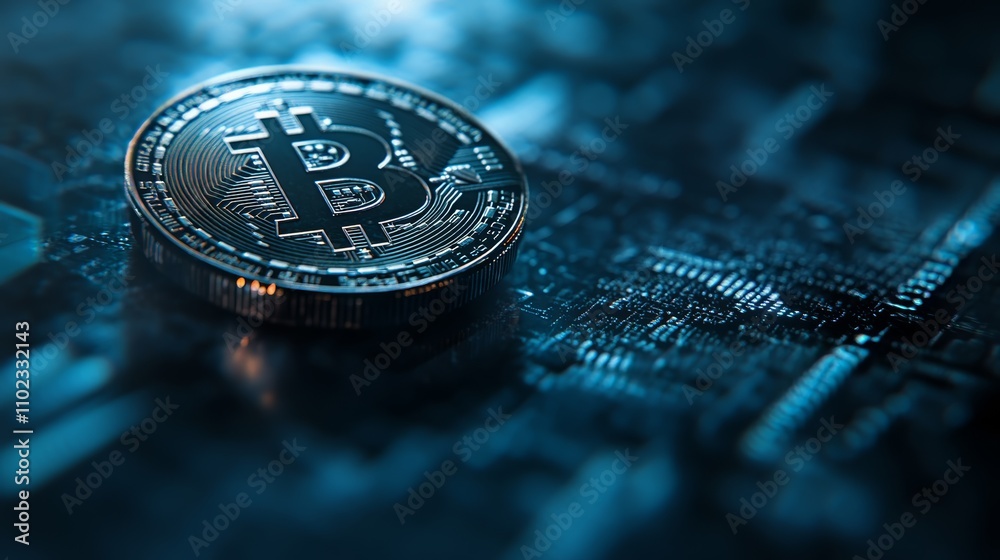 Aufkleber Bitcoin cryptocurrency coin resting on a computer motherboard suggesting the link between cryptocurrency and computer technology