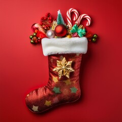 A creative Christmas stocking cutout filled with ornaments and candies on a bright red background