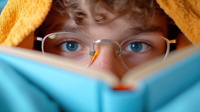 A young boy wearing glasses eagerly reads a book, peeking over its colorful cover, suggesting curiosity and a thirst for knowledge and adventure within pages.