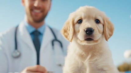 A sweet puppy gazes forward, accompanied by a smiling veterinarian with a stethoscope, capturing a caring and professional veterinary environment.