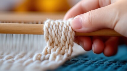 Hands meticulously weave soft white yarn over a wooden weaving tool, highlighting the smooth texture and the art of creating delicate patterns in textile work.