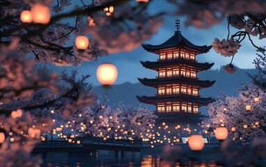 Fototapeta premium A serene view of a traditional pagoda surrounded by cherry blossoms and glowing lanterns during twilight.