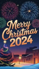 Festive Christmas celebration with colorful fireworks and a decorated tree welcoming the year 2024
