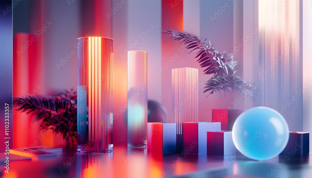Poster a vibrant composition featuring colorful geometric shapes and elements, creating a dynamic and moder