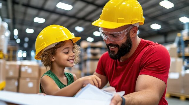 A worker and a child in coordinating yellow helmets share a moment together, suggesting fun and bonding amidst a warehouse setting full of boxes.