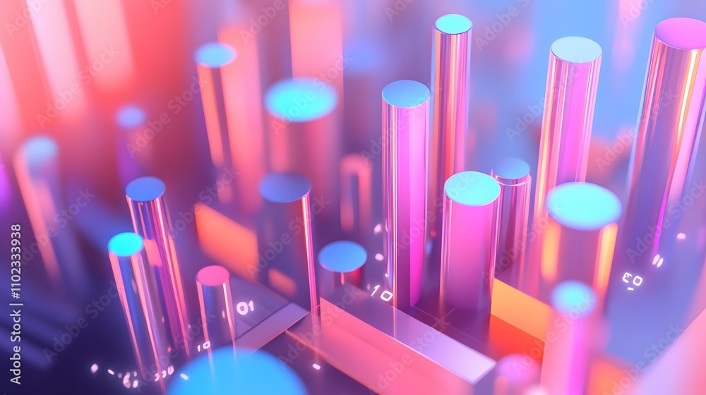 Poster colorful abstract representation of data, featuring vibrant columns and nodes, symbolizing informati