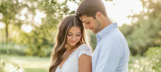 Fototapeta premium Romantic couple embracing in sunlit park, expressing love and happiness