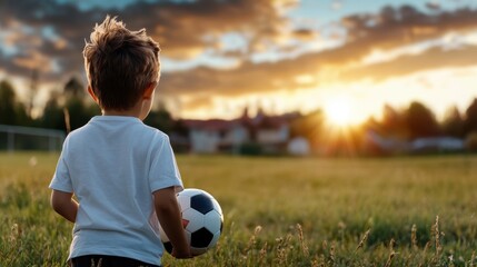 A young boy stands in a grassy field with a soccer ball under his arm, gazing towards the vibrant sunset sky and reflecting a peaceful moment of hope.