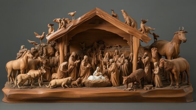 Large-scale nativity set with detailed wooden figures, featuring the birth Christ surrounded by animals and worshippers