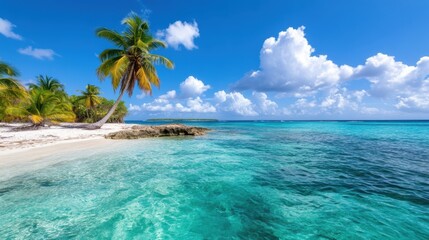 Fototapeta premium A breathtaking beach scene with crystal-clear turquoise waters and lush palm trees under a clear blue sky, suggesting a serene and idyllic tropical getaway.