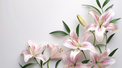 Fototapeta premium Composition featuring beautiful lily flowers against a white background.