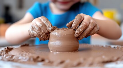 A child in a blue shirt is focusing intently while shaping a small clay pot on a spinning pottery wheel, with hands covered in wet clay, fostering creativity and concentration.
