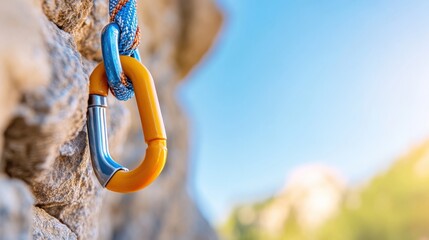 Close-up of a colorful carabiner tightly secured to a rock face with climbing ropes, emphasizing safety and reliability during climbing explorations outdoors.