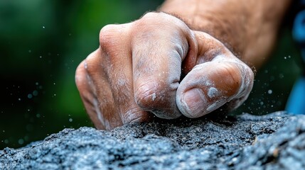 A detailed image revealing the strength and grit of a climber's hand firmly grasping a rough rock surface, highlighting the resilience and focus in climbing experiences.