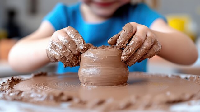 A child in a blue shirt is focusing intently while shaping a small clay pot on a spinning pottery wheel, with hands covered in wet clay, fostering creativity and concentration.