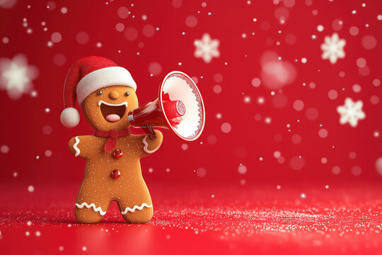 christmas gingerbread man with megaphone announcing festive news, red snowy background, holiday cheer