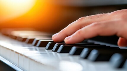 Fototapeta premium A person's hands gently playing a piano under a vibrant, glowing sunset, casting warm, golden hues across the keys in a serene and peaceful moment.