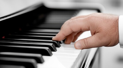 Fototapeta premium A close-up shot of a hand pressing piano keys, capturing the essence of musical expression and the tactile interaction between a pianist and their instrument.