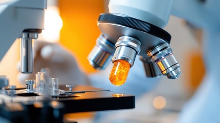 A close-up shot of a high-tech microscope with a radiant orange lens, situated in an industrial environment, emphasizing the progress in scientific and technological research.