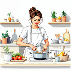 Illustration of a woman cooking in kitchen