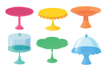 Set of colorful cake stands, pastries in cartoon style. Vector illustration of empty cake stands with glass lids of different shapes isolated on white background. Wedding banquet. Holiday parties.
