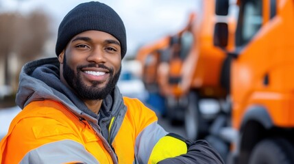 Fototapeta premium In orange safety gear, a smiling construction worker stands confidently, with construction trucks blurred in the background, representing strength and diligence.