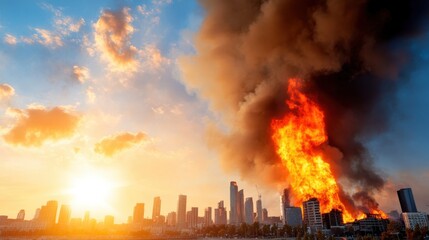 A skyscraper is engulfed in towering flames and smoke, dominating the skyline at sunset, reflecting the fleeting balance between human achievement and nature's might.