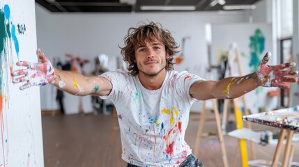 An enthusiastic artist with paint-covered hands and clothes invites observers into his creative world as he stands in a bright, art-filled studio environment.