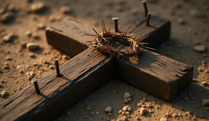 cross held crucified jesus three nails crown thorns laid upon ground