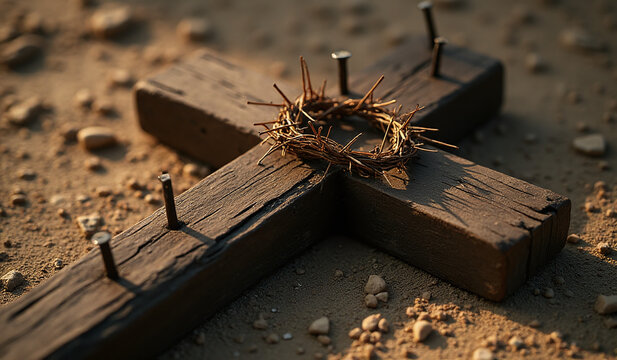 cross held crucified jesus three nails crown thorns laid upon ground