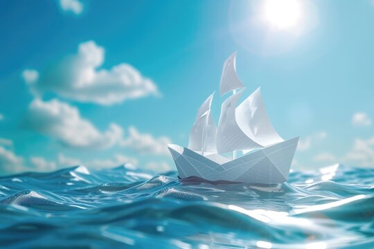 concept paper ship in water and sunny blue sky