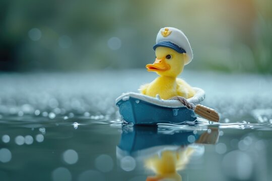 Cute cool duckling ship captain duck in blue white boat toy funny conceptual image