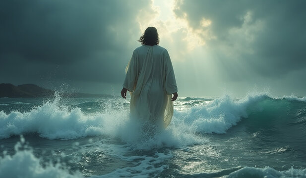 man named jesus walks water violent storm