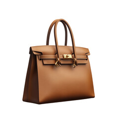 Luxury Leather Handbag with Golden Hardware Isolated on Transparent Background.
