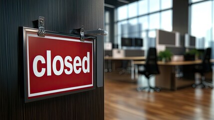 Modern Office Interior Featuring a "Closed" Sign Hang on the Doorway, Signifying Office Shutdown and Need for Remote Work in Contemporary Business Environment