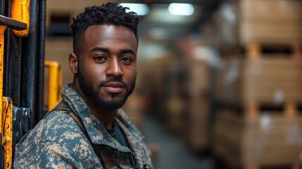 Veteran forklift operator working in a busy logistics warehouse during daytime hours