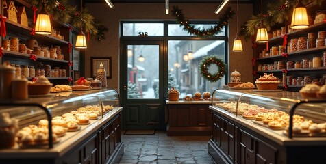 A cozy bakery adorned with holiday garlands, wreaths, and glowing lights. Display cases are filled with festive pastries and treats. Snowy winter scenery is visible through arched glass doors, enhanci