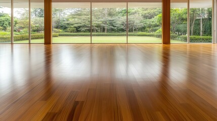 Fototapeta premium Spacious and Serene Wooden Floor Interior with Panoramic Windows Overlooking Lush Green Landscape and Natural Light Flooding the Room
