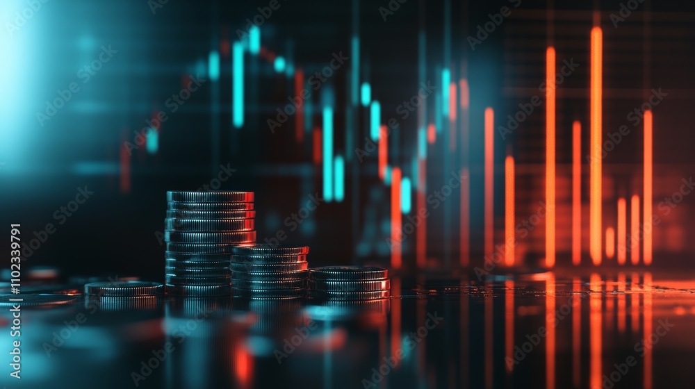 Poster Stacks of coins are placed on a reflective surface, with a blurred stock market chart displayed on a screen in the background, representing investment, finance, and economic growth