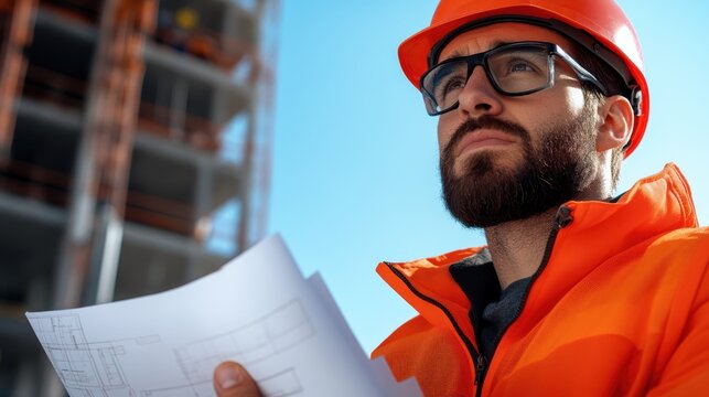 A focused engineer examines blueprints amidst a vibrant construction site, exemplifying meticulous planning, innovation, and expertise in urban infrastructure development.
