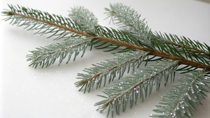 Obraz premium A sprig of pine needles on a white background with silver glitter