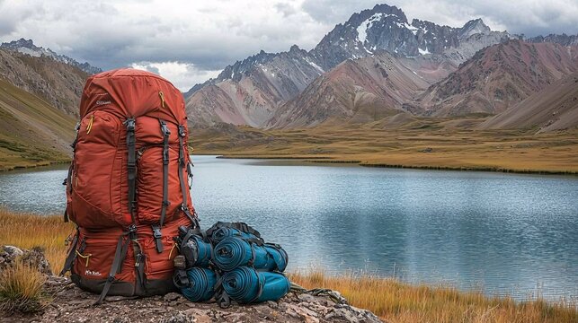 a bag pack set on a mountain ridge and lake Saif ul Maloo is visibal in the background some of the traveling equipment is set with the bagpack